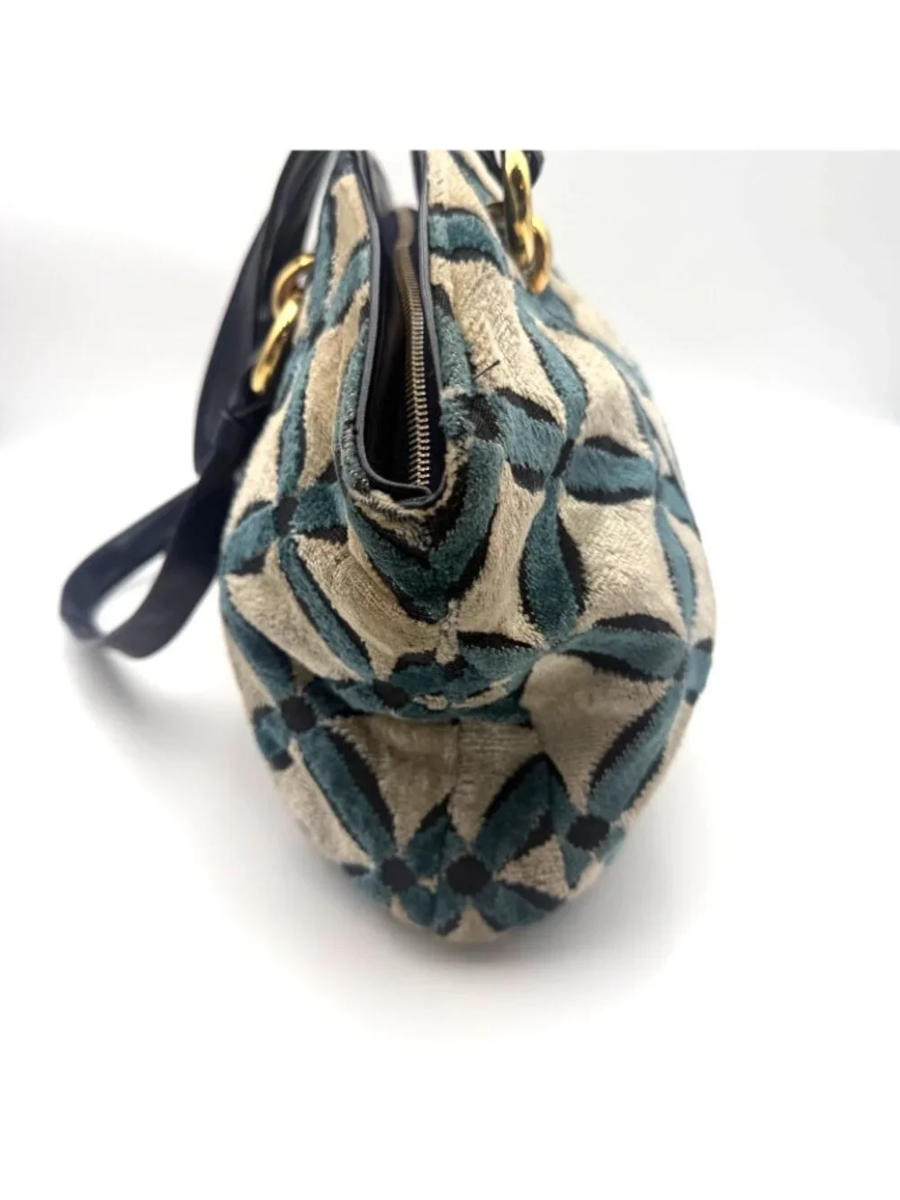 Vintage Tapestry Shoulder Bag Blue Black Geometric Velvet Purse Red Lining